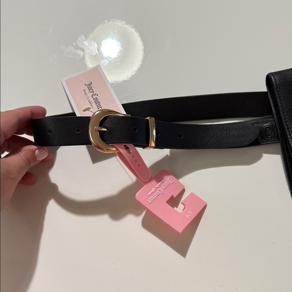 NWT Juicy Couture Belt Bag Fanny Pack Black Gold Rhinestone Logo Size S/M - Picture 2 of 13